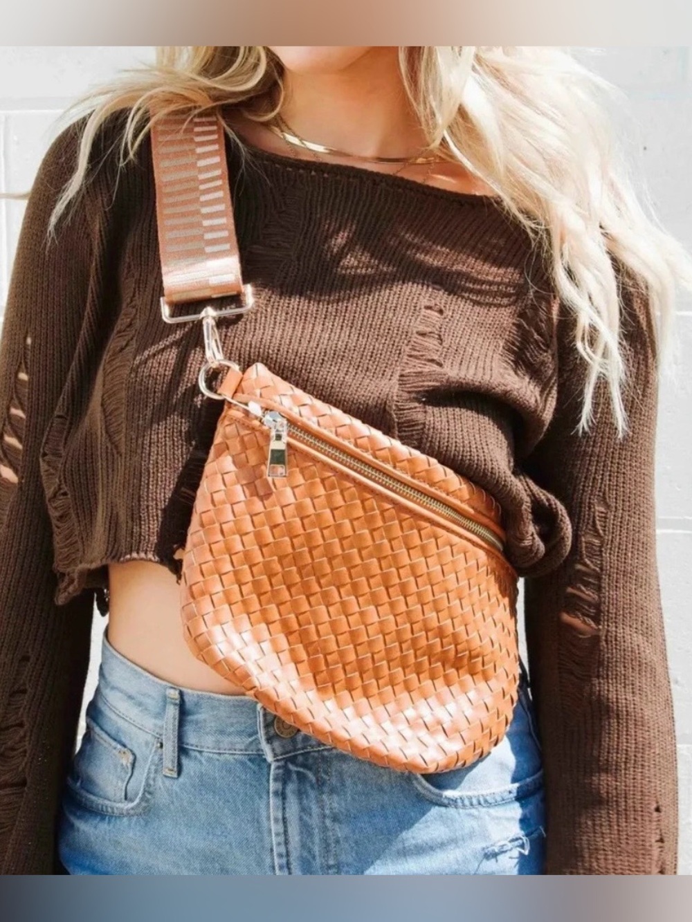NEW Pretty Simple Westlyn Woven Crossbody Bag Brown Belt Bum Vegan Leather Strap